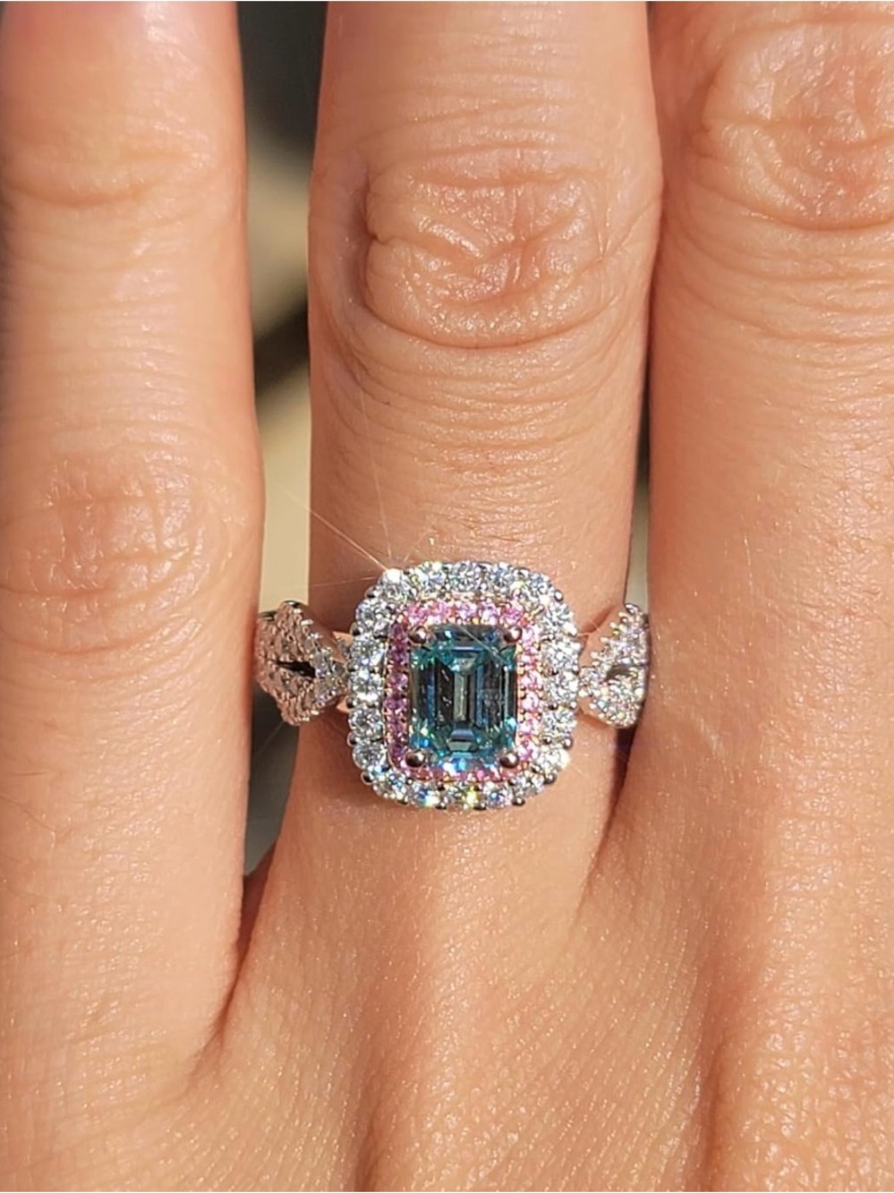 Blue Moissanite Ring 925 Silver Emerald Cut Pink Sapphire Halo 18k Gold Plated